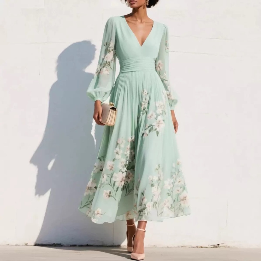 Zimmermann Elegant Floral V-Neck Mint Green Maxi Dress
